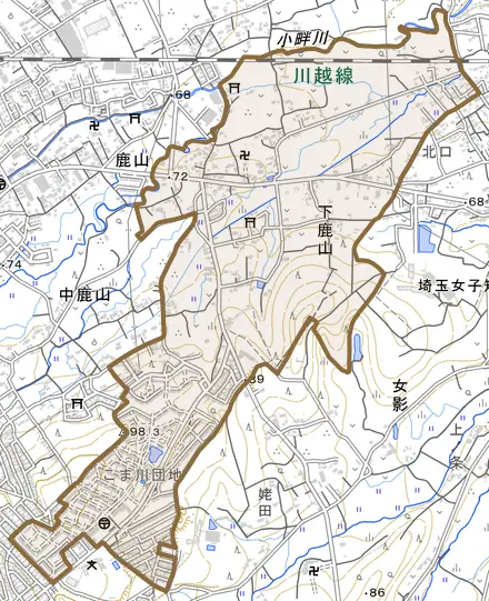 大字下鹿山とその周辺の地図。町の範囲を重ねている