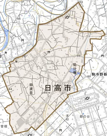 大字田波目とその周辺の地図。町の範囲を重ねている