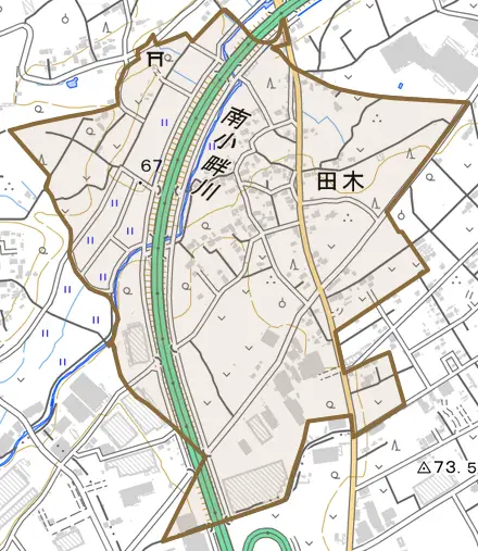 大字田木とその周辺の地図。町の範囲を重ねている
