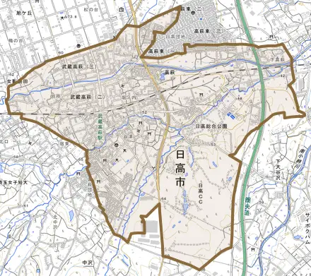 大字高萩とその周辺の地図。町の範囲を重ねている