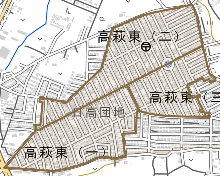 高萩東とその周辺の地図。町の範囲を重ねている