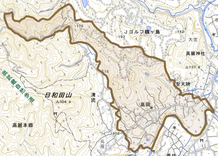 大字高岡とその周辺の地図。町の範囲を重ねている