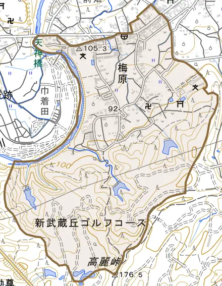 大字梅原とその周辺の地図。町の範囲を重ねている