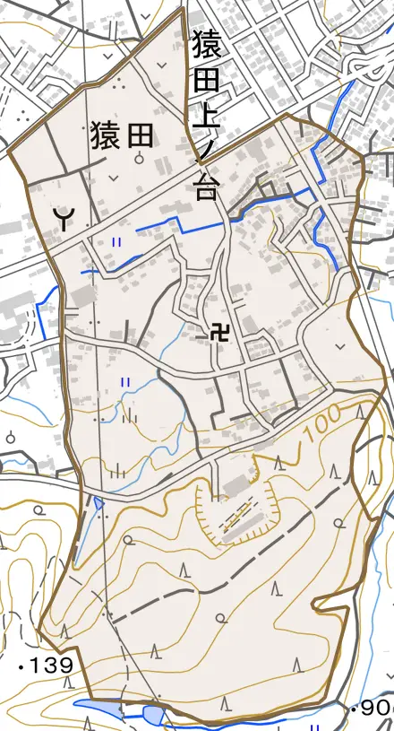 大字猿田とその周辺の地図。町の範囲を重ねている