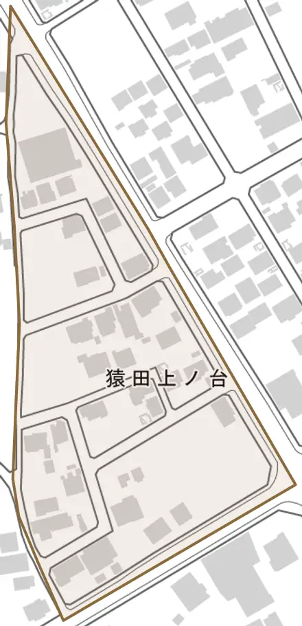 猿田上ノ台とその周辺の地図。町の範囲を重ねている