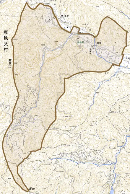 大字御堂とその周辺の地図。町の範囲を重ねている
