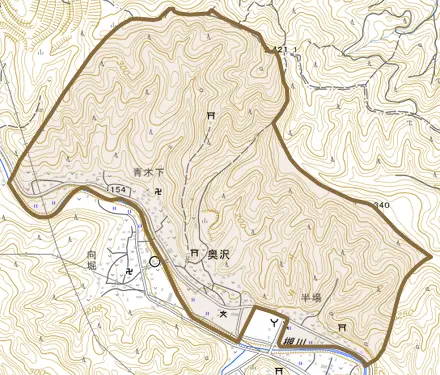 大字奥沢とその周辺の地図。町の範囲を重ねている