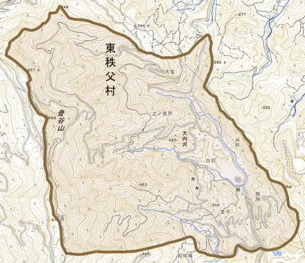 大字大内沢とその周辺の地図。町の範囲を重ねている
