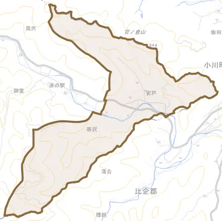 大字安戸とその周辺の地図。町の範囲を重ねている