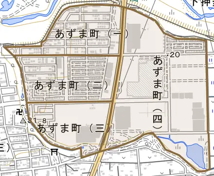 あずま町とその周辺の地図。町の範囲を重ねている