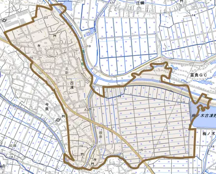 大字古凍とその周辺の地図。町の範囲を重ねている