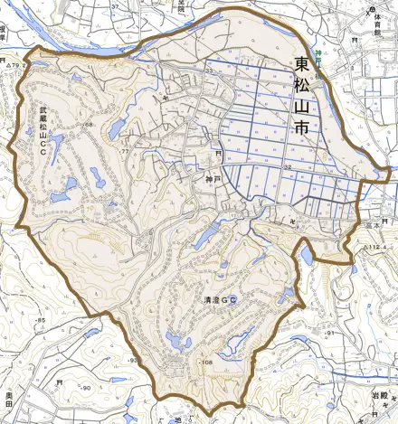 大字神戸とその周辺の地図。町の範囲を重ねている