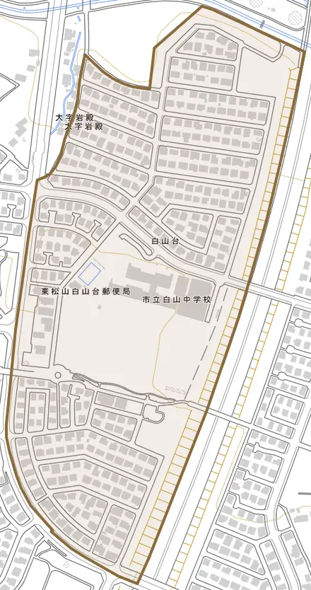 白山台とその周辺の地図。町の範囲を重ねている