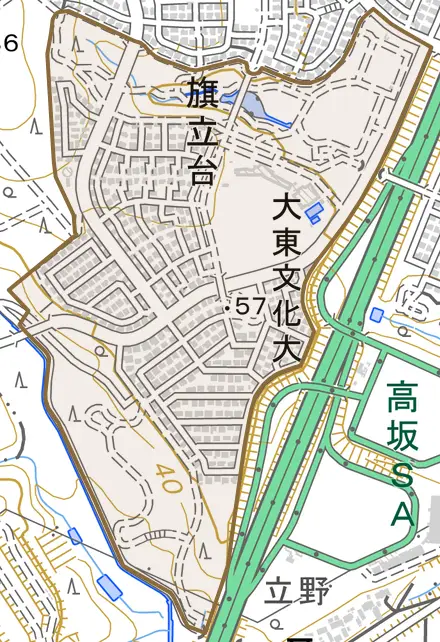 旗立台とその周辺の地図。町の範囲を重ねている