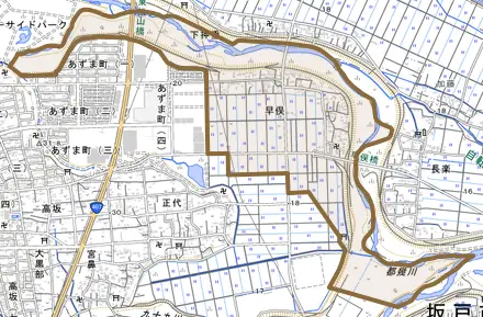 大字早俣とその周辺の地図。町の範囲を重ねている