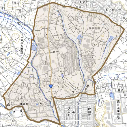大字東平とその周辺の地図。町の範囲を重ねている