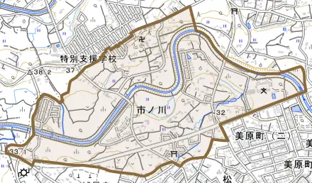 大字市ノ川とその周辺の地図。町の範囲を重ねている