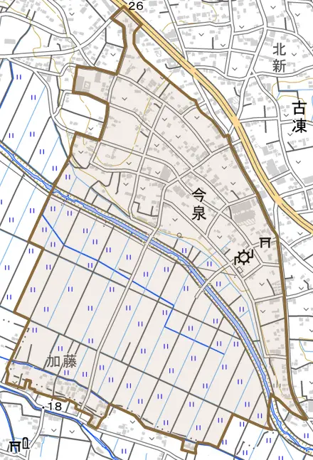 大字今泉とその周辺の地図。町の範囲を重ねている