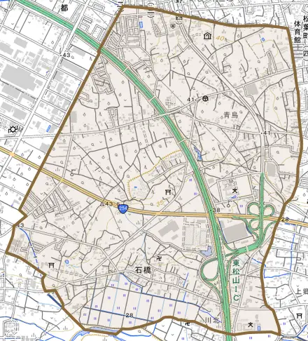 大字石橋とその周辺の地図。町の範囲を重ねている