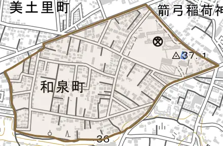 和泉町とその周辺の地図。町の範囲を重ねている