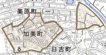 加美町とその周辺の地図。町の範囲を重ねている