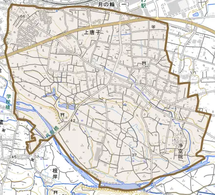 大字上唐子とその周辺の地図。町の範囲を重ねている