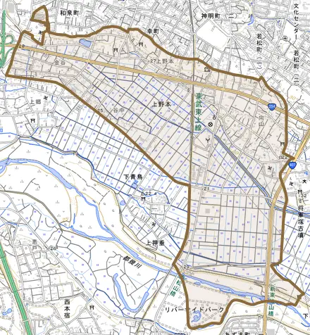 大字上野本とその周辺の地図。町の範囲を重ねている