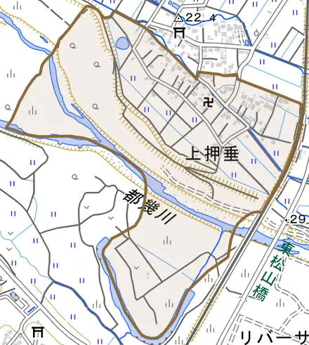 大字上押垂とその周辺の地図。町の範囲を重ねている