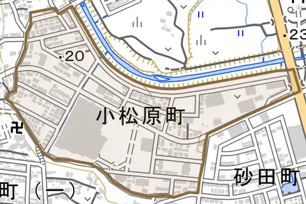 小松原町とその周辺の地図。町の範囲を重ねている