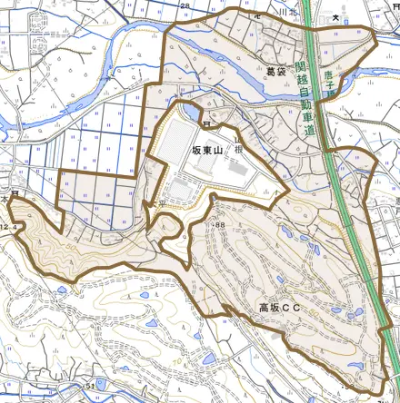 大字葛袋とその周辺の地図。町の範囲を重ねている