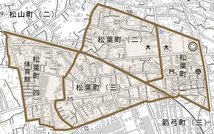 松葉町とその周辺の地図。町の範囲を重ねている
