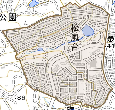 松風台とその周辺の地図。町の範囲を重ねている