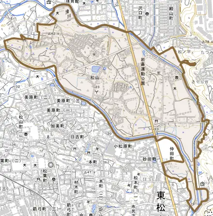 大字松山とその周辺の地図。町の範囲を重ねている
