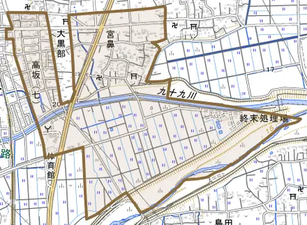 大字宮鼻とその周辺の地図。町の範囲を重ねている