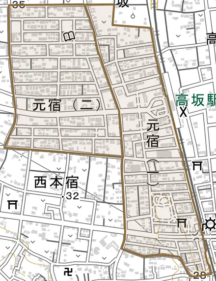 元宿とその周辺の地図。町の範囲を重ねている