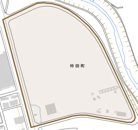 仲田町とその周辺の地図。町の範囲を重ねている