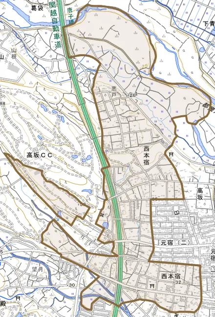 大字西本宿とその周辺の地図。町の範囲を重ねている