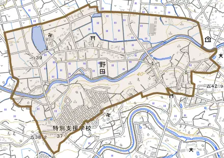 大字野田とその周辺の地図。町の範囲を重ねている