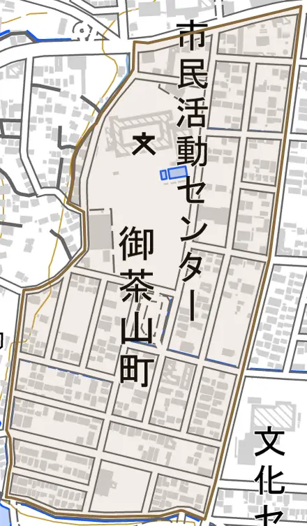 御茶山町とその周辺の地図。町の範囲を重ねている