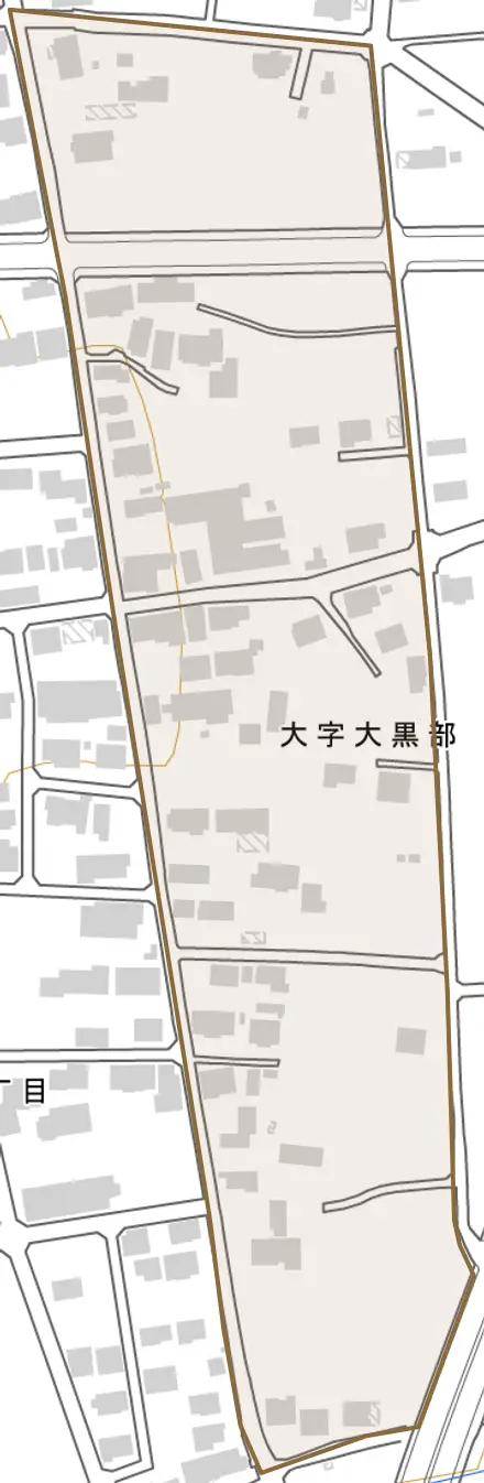 大字大黒部とその周辺の地図。町の範囲を重ねている