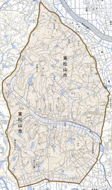 大字大谷とその周辺の地図。町の範囲を重ねている