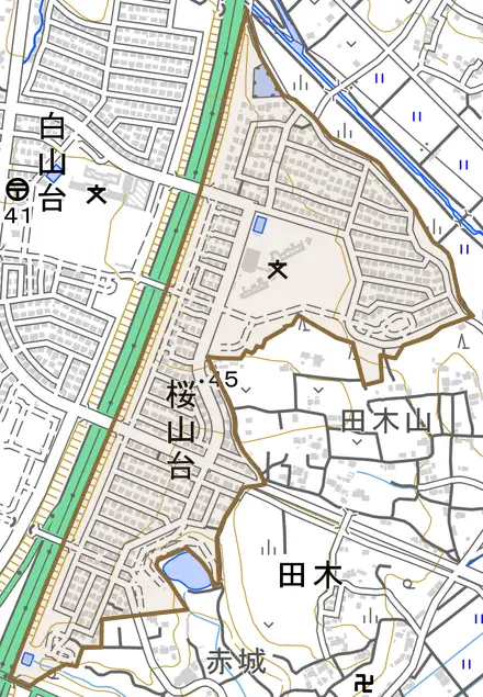 桜山台とその周辺の地図。町の範囲を重ねている