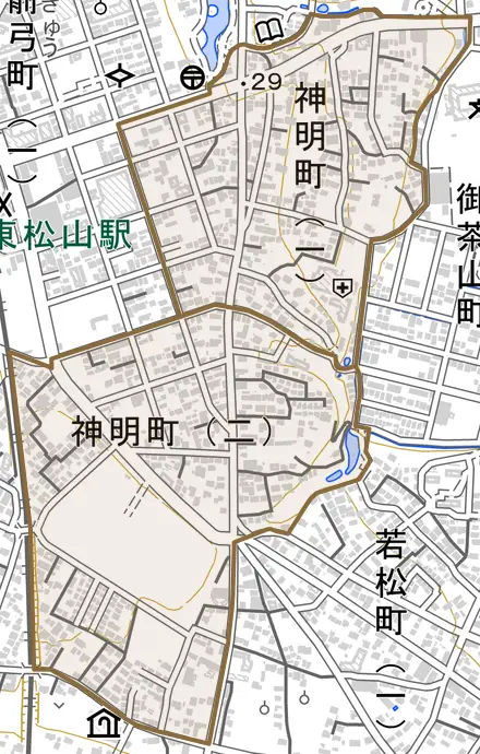 神明町とその周辺の地図。町の範囲を重ねている