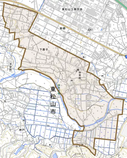 大字下唐子とその周辺の地図。町の範囲を重ねている