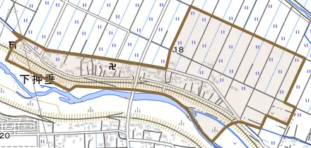 大字下押垂とその周辺の地図。町の範囲を重ねている