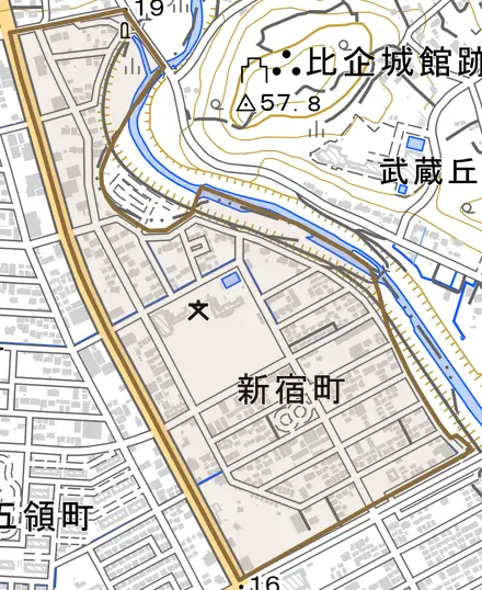 新宿町とその周辺の地図。町の範囲を重ねている