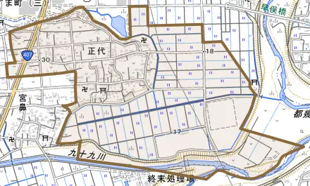 大字正代とその周辺の地図。町の範囲を重ねている