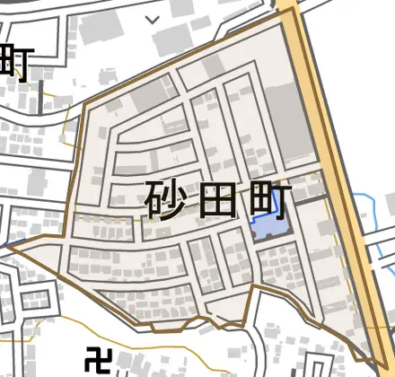 砂田町とその周辺の地図。町の範囲を重ねている