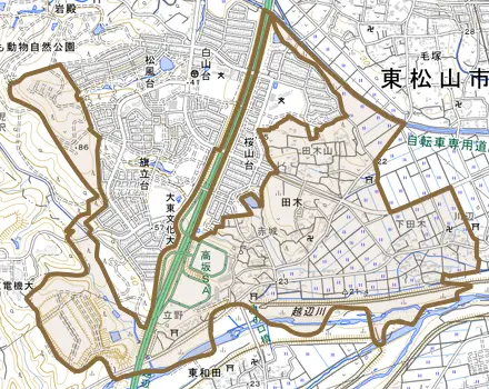 大字田木とその周辺の地図。町の範囲を重ねている