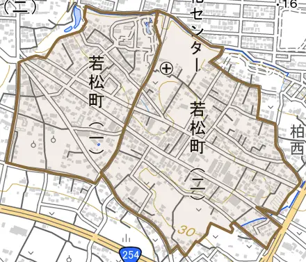 若松町とその周辺の地図。町の範囲を重ねている